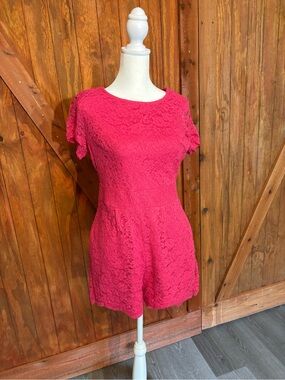 New York & Company Hot Pink Lace Short Sleeve Romper